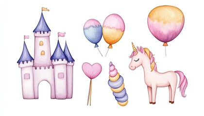 Whimsical watercolor illustration featuring a fairytale castle, unicorn, balloons, and treats