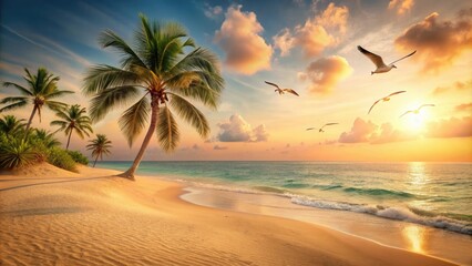Obraz premium Soft peach sandy beach with a few palm trees and seagulls flying in the sky, coastal scenery, tropical landscape, seagulls, palm trees