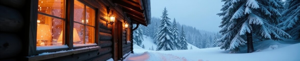 Snowflakes gently landing on windows of a cabin, winter wonder, snowy forest, cozy cabin