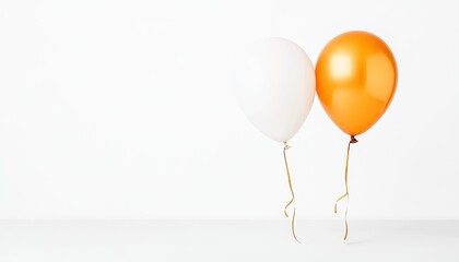 Two balloons, one white and one orange, gently swaying against a minimalist white background