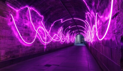 Purple light trails in a stone archway tunnel.