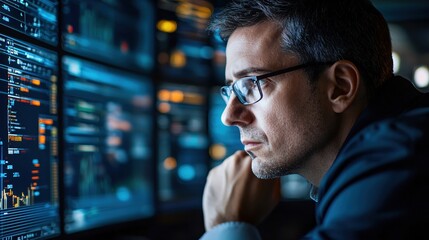 Focused Man Analyzing Data on Multiple Screens at Night