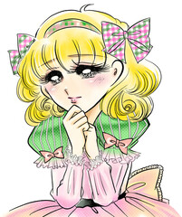 昭和レトロ風70年代少女漫画のぶりっ子美少女がときめくポートレートイラスト