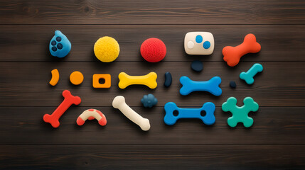 A vibrant assortment of colorful dog toys arranged on a wooden surface, featuring various shapes like bones, balls, and interactive pieces.