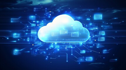 Digital informational technology web futuristic hologram with cloud icon, blue golden light digits and code background, cloud computing. Abstract Motion of digital data flow.