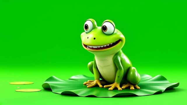 Happy frog sits on lily pad, green background, illustration