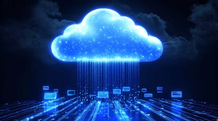 Digital informational technology web futuristic hologram with cloud icon, blue golden light digits and code background, cloud computing. Abstract Motion of digital data flow.