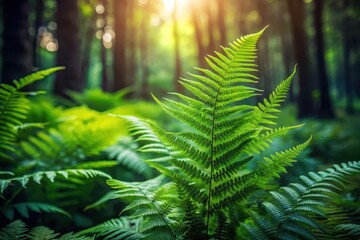 Lush green ferns bathed in sunlight within a dense forest, exhibiting vibrant natural textures and a tranquil atmosphere