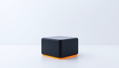 Modern black cube object with glowing orange base on minimalistic white background