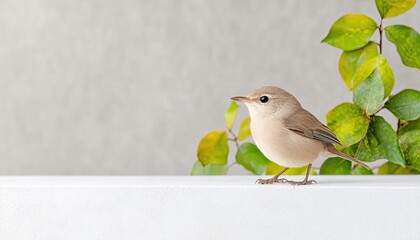 A small, light-colored bird perched on a white surface with green and yellow leaves in the background