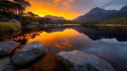 A tranquil lake at sunrise with glowing orange and yellow reflections, surrounded by lush greenery and distant mountains