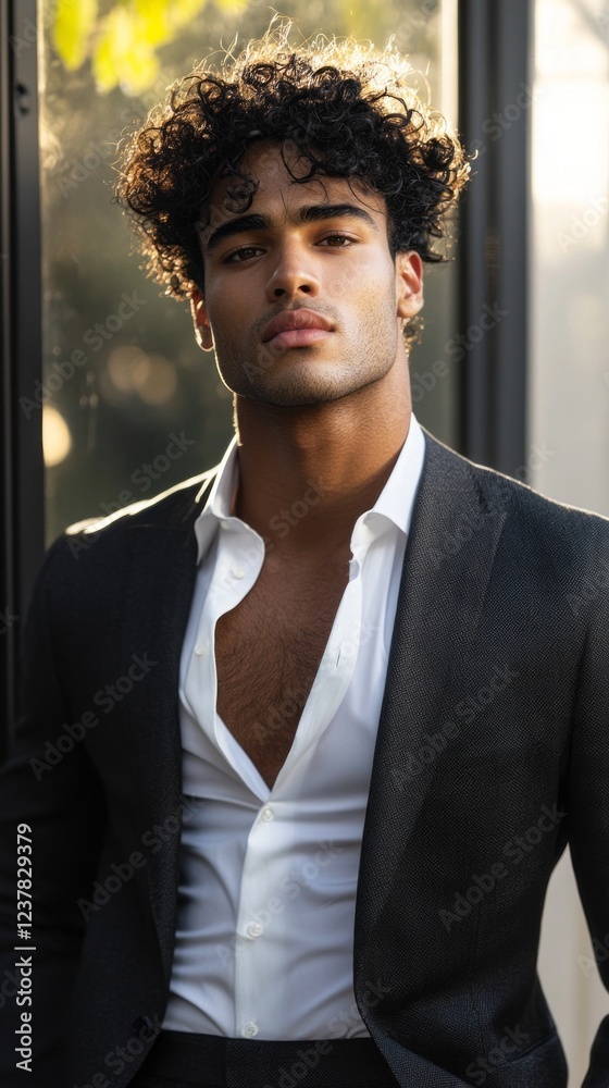 Poster captured in a moment of poise, a multiethnic man showcases his rich black curls while dressed elegan