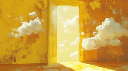3d rendering, white clouds flying out and going through the open door, objects isolated on bright yellow background. Abstract metaphor, modern minimal concept. Surreal dream scene
