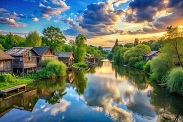 Fototapeta premium Serene Sunset Over River with Rustic Wooden Houses Reflecting in Calm Waters