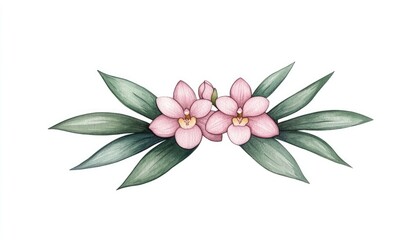 Delicate watercolor illustration of pink flowers surrounded by green leaves on a white background