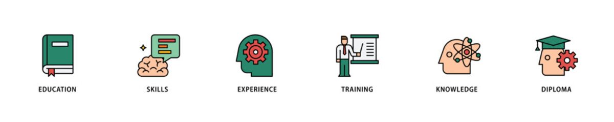 Qualification icon set flow process which consists of education, skills, experience, training, knowledge, and diploma icon live stroke and easy to edit .