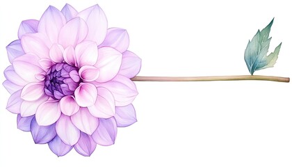 A beautifully illustrated dahlia flower in soft pastel colors, showcasing intricate petals and a green leaf