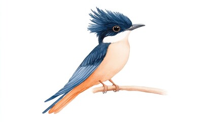 Vibrant watercolor illustration of a kingfisher perched on a branch with a soft background