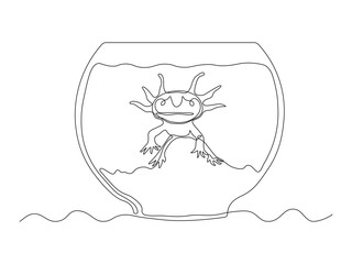 Abstract aquarium with axolotl,amphibian,larva. continuous single one line art hand drawing sketch logo