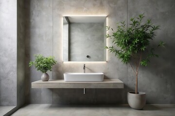 Modern minimalist bathroom design featuring a sleek illuminated mirror, a rectangular undermount sink on a floating concrete vanity, and two potted plants adding a touch of nature