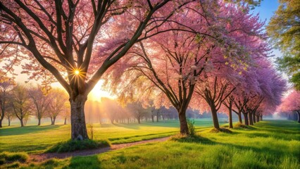 Sunbeams Illuminate a Path Through Blossoming Trees in a Serene Meadow