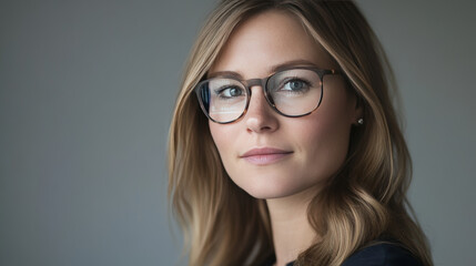 Fototapeta premium Close up view of blue eye in glasses with futuristic holographic interface to display data. Portrait of beautiful young woman, half of face. Augmented reality, future technology, internet concept.