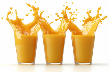 Three glasses of orange juice splashing, white background, for advertising