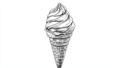 Sweet vanilla soft ice cream in waffle cone isolated on white background, sketch style
