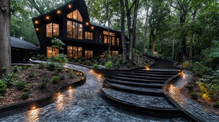 Fototapeta premium Modern black house, wooded landscape, winding path, evening lighting, architectural design