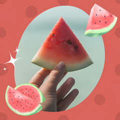 Fresh ripe watermelon slices on wooden table.
