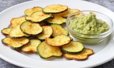 Crispy zucchini chips with guacamole dip