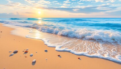 Obraz premium Serene Sunset Beach: Gentle Waves, Golden Sand, Tranquil Ocean