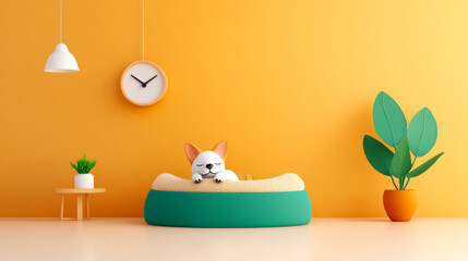 A cozy pet scene featuring a happy dog lounging on a green bed in a bright orange room adorned with plants and a clock.