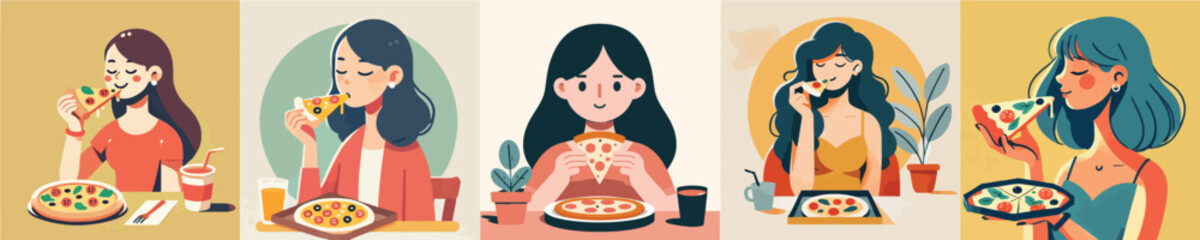 vector set of women eating pizza