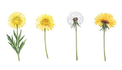 Four stages of dandelion growth showcasing vibrant yellow flowers and white seed heads