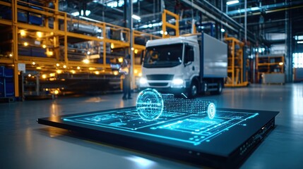 Futuristic Factory Truck Logistics Digital Hologram Technology