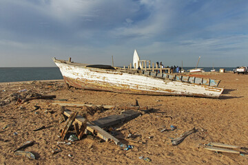 The vintage boat in the small village of fisherman in Banc d'Arguin National Park, Mauritania, West...