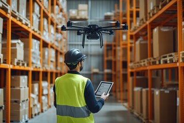 Warehouse drone monitoring logistics facility technology usage indoor environment aerial view automation in inventory management