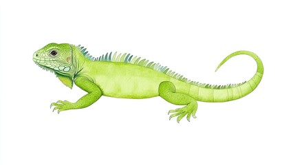 Fototapeta premium Detailed illustration of a vibrant green iguana in a natural pose against a white background