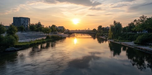 Fototapeta premium A serene river reflects a vibrant sunset, surrounded by lush greenery and urban structures, creating a peaceful natural ambiance.