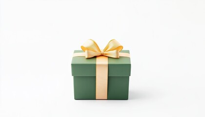 Elegant green gift box with a golden ribbon on a clean white background, perfect for celebrations
