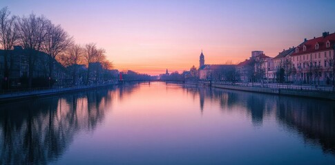 Fototapeta premium A serene river scene at dawn, featuring reflections of buildings and trees under a soft pastel sky.