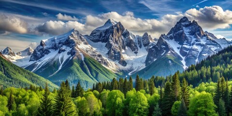 Fototapeta premium Towering mountain peaks with snow-capped summits and lush green forests below, hiking, wilderness, snowfall