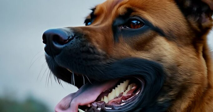 growling and baring its sharp teeth. The dog snarls, showing anger and readiness to attack