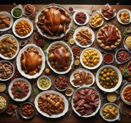 Obraz premium Traditional Thanksgiving dinner spread with a variety of roasted meats and side dishes, traditional meal, harvest meal