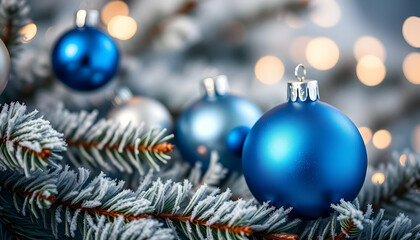 Obraz premium Christmas tree, ornate blue ornaments, pine branches, glittering lights, bokeh effect, warm glow, festive atmosphere, close-up, shallow depth of field, holiday decorations, sparkle, cozy, magical, win