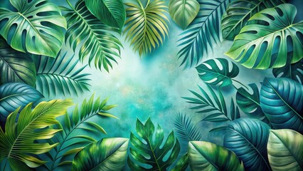 Lush Tropical Foliage Frame with Vibrant Green Leaves on a Teal Background, Ideal for Decorative Purposes