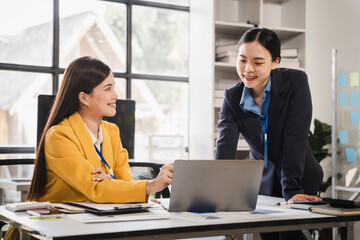 Fototapeta premium Female business leaders come together in conference room for their annual meeting, actively participating, asking questions, enriching seminar, Asian people, only women, Proposals and comments.