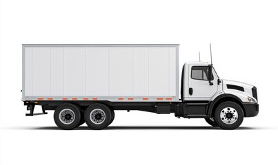 A side view of a white delivery truck with a large cargo box, ideal for transporting goods efficiently.