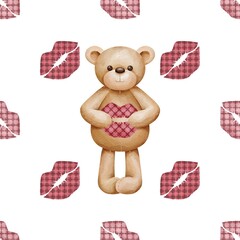 Seamless pattern on the St.Valentine’s day with watercolor Teddy Bear and checkered  lips prints on a white background. Perfect for textile, fabric, wrapping, design paper, backdrop, wallpaper
